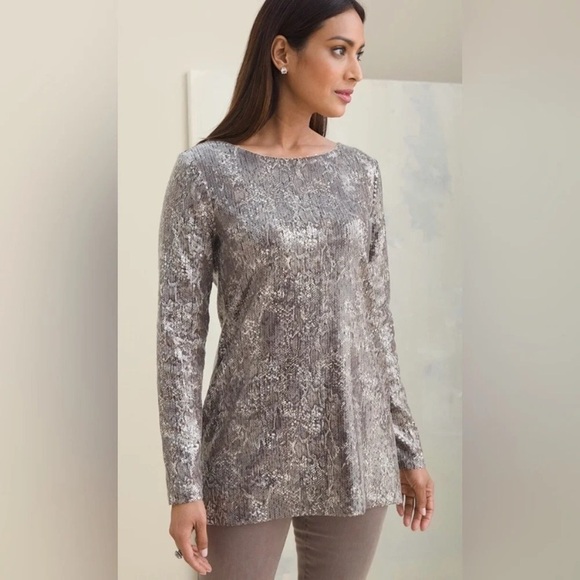 NWT Chico Women's Tunic Sz 4 Python Sequins Top Boat Neck Lined Holiday Evening - Picture 1 of 8